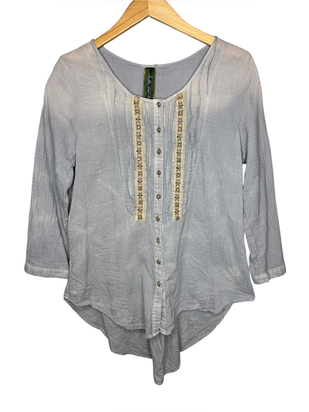 Aratta Silent Journey blouse blue gray beaded distressed shirt womens size large
